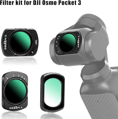 GREEN.L 3 Pack Magnetic Filter Kit for DJI Osmo Pocket 3: Variable ND Filter (ND2-ND32)+CPL+Black Diffusion 1/4, HD Multi-Coated Optical Glass for Cinematic Video