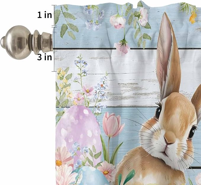 Kitchen Curtains Tiers and Valance Set of 3, Easter Light Filtering Window Curtain Set, Farmhouse Spring Rabbit Eggs Flowers Wooden Board Rod Pocket Curtain Drapes for Living Room, 36 Inches Tiers