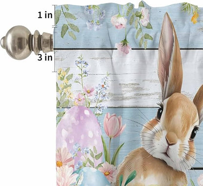 Kitchen Curtains Tiers and Valance Set of 3, Easter Light Filtering Window Curtain Set, Farmhouse Spring Rabbit Eggs Flowers Wooden Board Rod Pocket Curtain Drapes for Living Room, 36 Inches Tiers