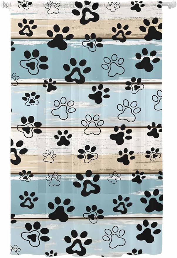 Sheer Curtains 96 Inches Long, Blue Beige Paw Print Semi Sheer Curtains Light Filtering Window Treatment, Vintage Farmhouse Country Wood Grain Privacy Voile Drapes for Living Room Bedroom 52x96 Inch