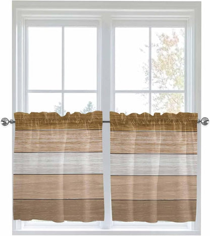 Retro Farm Wood Board Window Valance Curtains, Brown Graduality Striped Light Filtering Kitchen Valance with 3-inch Rod Pocket for Living Room Bathroom Bedroom,2 Panel,27.5x24In