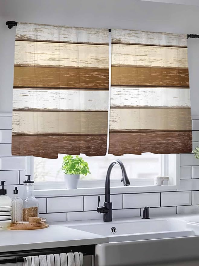 Sheer Curtains 45 Inch Length, Vintage Geometric Brown Semi Sheer Curtains Light Filtering Window Treatment, Farmhouse Country Chic Wood Grain Privacy Voile Drapes for Living Room Bedroom 52x45 Inch