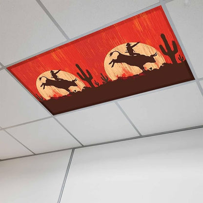 Fluorescent Light Covers for Drop Ceiling Western Cowboys Horse Riding on Red Magnetic Light Filters, Abstract Cactus Desert Ceiling Shade Filters for Home Classroom Office,2x4 ft,1Pack