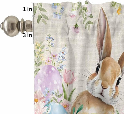 Kitchen Curtains Tiers and Valance Set of 3, Easter Light Filtering Window Curtain Set, Vintage Spring Bunny Eggs Farmhouse Floral Leaves Rod Pocket Curtain Drapes for Living Room, 24 Inches Tiers