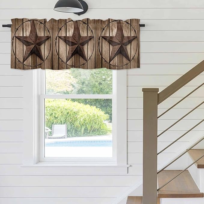 Vintage Texas Star Valances for Windows, Brown Wood Grain Wire Kitchen Valance Light Filtering Rod Pocket Short Curtains for Kitchen Bathroom, 1 Panel, 60"x18"
