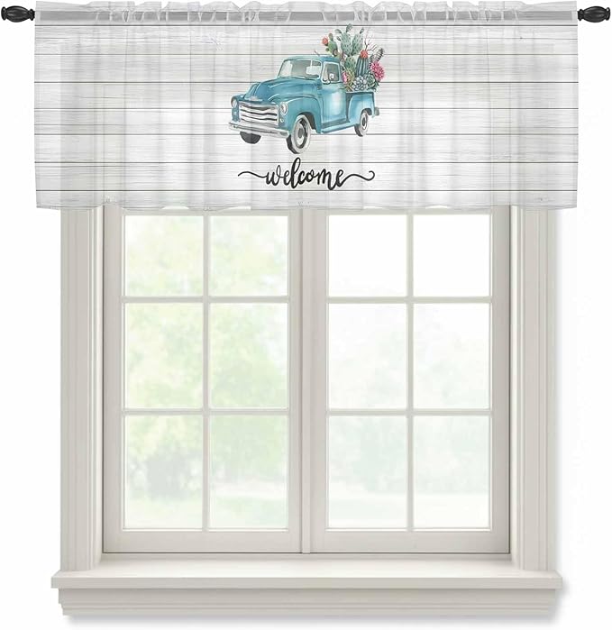 Welcome Sheer Valance Curtains, Summer Car with Cactus Succulents Grey Wood Grain Light Filtering Kitchen Valances Rod Pocket Voile Curtain Window Treatment for Bedroom/Living Room/Basement 42Wx12L