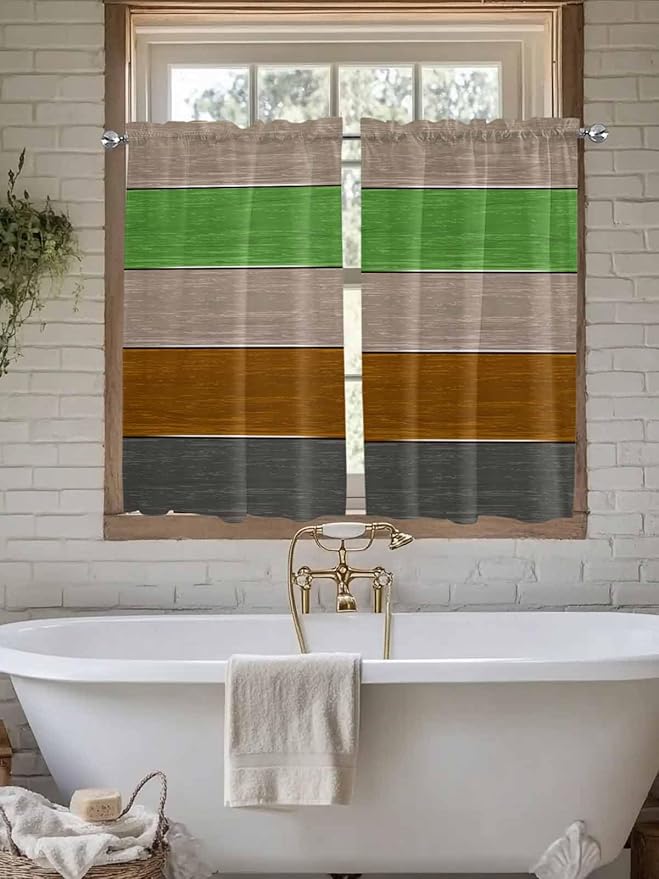 Farm Gray Green Brown Wood Grain Window Valance Curtains, Rustic Wooden Plank Light Filtering Kitchen Valance with 3-inch Rod Pocket for Living Room Bathroom Bedroom,2 Panel,27.5x45In