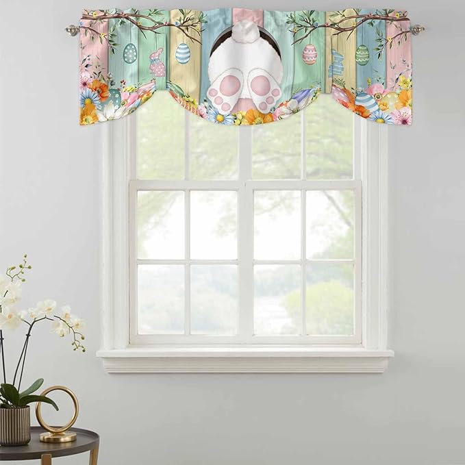Easter Tie Up Valance Curtains for Windows, Kitchen Curtains Window Shades, Spring Colorful Bunny Eggs Flower Wood Grain Light Filtering Roman Curtain Valances for Bedroom/Bathroom/Cafe 54"x18"