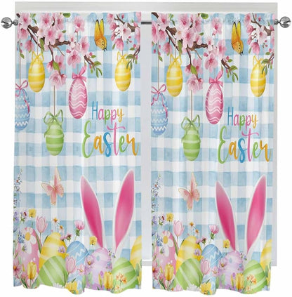 Happy Easter Bedroom Curtains 63 Inches length, Spring Watercolor Bunny Eggs Flower Blue Plaid Window Treatment Curtain Drapes, Rod Pocket Curtain Panels for Living Room Kitchen, 42"x63", 2 Panels