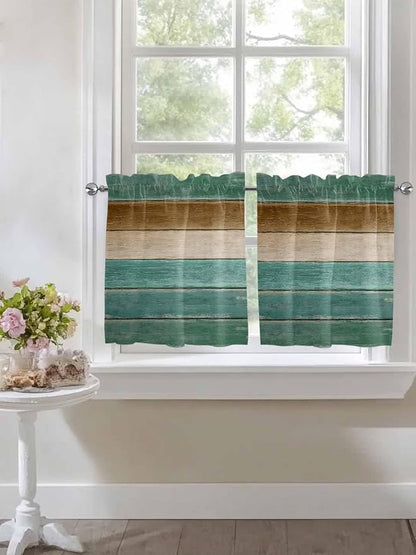 Vintage Plank Turquoise Brown Window Valance Curtains, Farmhouse Wood Grain Light Filtering Kitchen Valance with 3-inch Rod Pocket for Living Room Bathroom Bedroom,2 Panel,27.5x36In