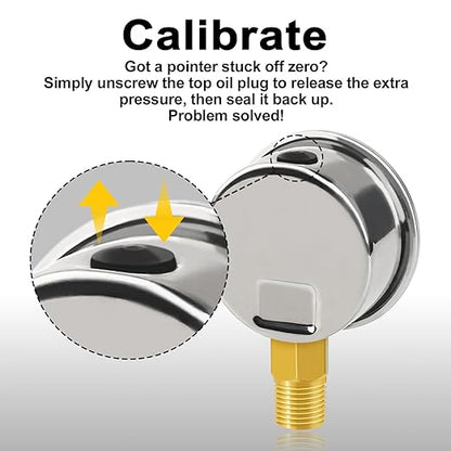 0-300 PSI Heavy-Duty Pressure Gauge, 2-Inch, Glycerin-Filled, Stainless Steel, 1/4" NPT Lower Mount, Shock-Resistant, Waterproof Pressure Meter for Oil Systems, Water Pumps, HVAC Applications