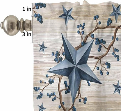 Kitchen Curtains Tiers and Valance Set of 3, Vintage Country Light Filtering Window Curtain Set, Blue Rustic Texas Star Vines Wooden Grain Rod Pocket Curtain Drapes for Living Room, 36 Inches Tiers