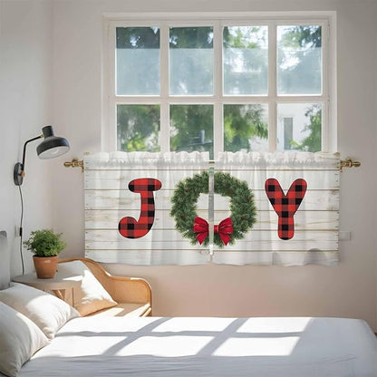 Christmas Wreaths Kitchen Tier Curtains 36 Inch Long 2 Panel Set,Rod Pocket Half Window Curtains Over Sink,Winter Bow Plaid Farmhouse Wooden Grain Short Drapes for Bathroom Cafe 27.5"W x 36"L