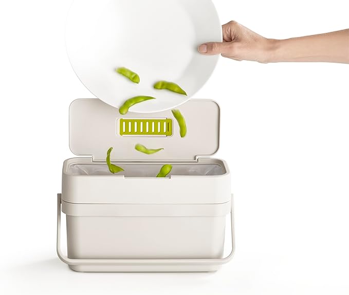 Joseph Joseph Compo 4 Easy-Fill Compost Bin Food Waste Caddy with Adjustable Air Vent, 1 gallon / 4 liters, Stone