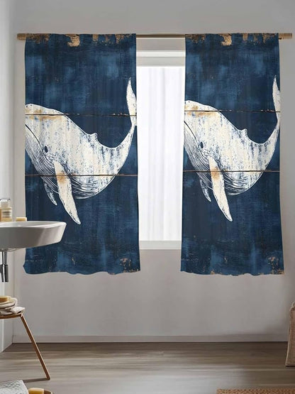Sheer Curtains 72 Inches Long, Ocean Whale Blue Semi Sheer Curtains Light Filtering Window Treatment, Coastal Vintage Wooden Grain Privacy Voile Drapes for Living Room Bedroom 52x72 Inch