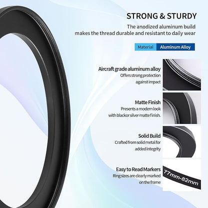 77-82mm Step-Up Ring Adapter, 77mm to 82mm Step Up Filter Ring for 77mm Lens Mount 82mm for DSLR Lenses and ND UV CPL IR Filters （77-82mm）