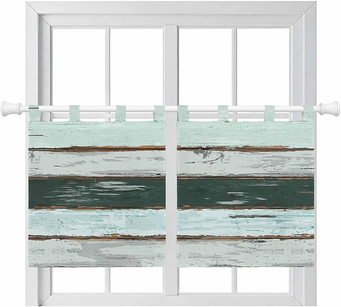 Blue Teal Kitchen Curtains 36 Inch Length, Small Window Curtains Tab Top, Vintage Wooden Retro Art Farmhouse Barns Light Filtering Short Window Treatments Tier Drapes 27.5"x36" 2 Panel