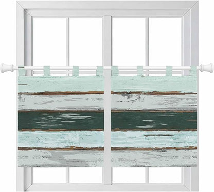 Blue Teal Kitchen Curtains 36 Inch Length, Small Window Curtains Tab Top, Vintage Wooden Retro Art Farmhouse Barns Light Filtering Short Window Treatments Tier Drapes 27.5"x36" 2 Panel