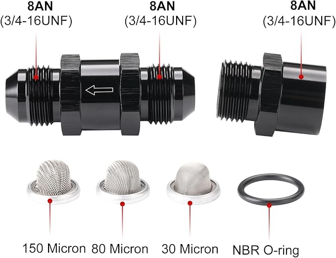 8AN Inline Fuel & Oil Feed Filter Set with 30 80 150 Micron Elements Aluminum Black