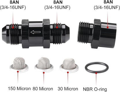 8AN Inline Fuel & Oil Feed Filter Set with 30 80 150 Micron Elements Aluminum Black
