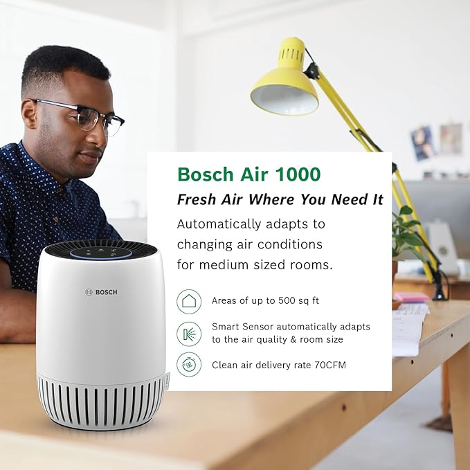 BOSCH Air Purifier for Home, Small Spaces (Covers,500-sq ft), 2-in-1 Filter for Pollen, Smoke, Dust, Dander, Outdoor Pollution, Odors, HEPA, Air 1000, White
