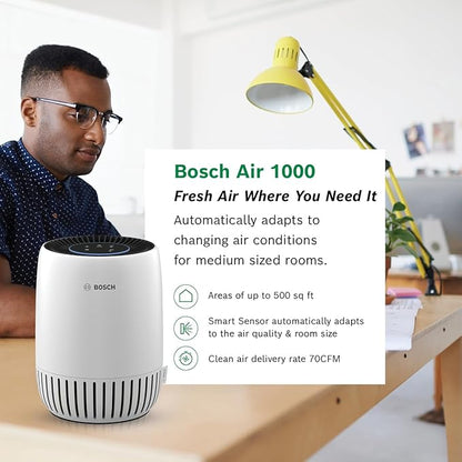 BOSCH Air Purifier for Home, Small Spaces (Covers,500-sq ft), 2-in-1 Filter for Pollen, Smoke, Dust, Dander, Outdoor Pollution, Odors, HEPA, Air 1000, White