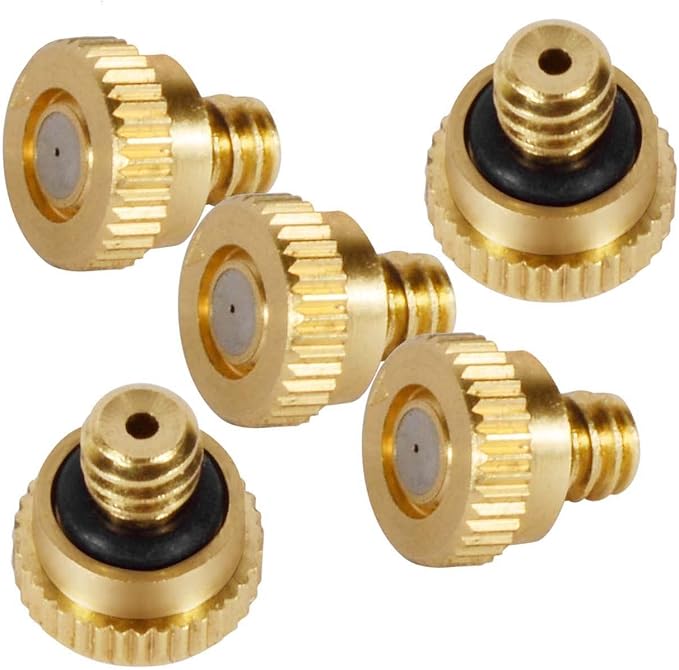 KUWAN 0.016" Orifice (0.4mm) Thread UNC 10/24 Brass Misting Nozzles Low Pressure Atomizing Misting Sprayer Water Hose Nozzle for Greenhouse, Landscaping, Outdoor Cooling Mister System (5PCS)