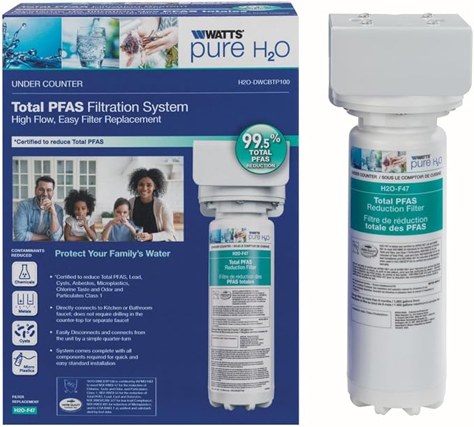 Watts Premier H2O-DWCBTP100 Single-Stage Total PFAS Reduction Under Counter Water Filtration System, Reduces Forever Chemicals, High Flow Rate 1.5 GPM, 1/4 Turn Quick Change, 1,900 Gallon Capacity