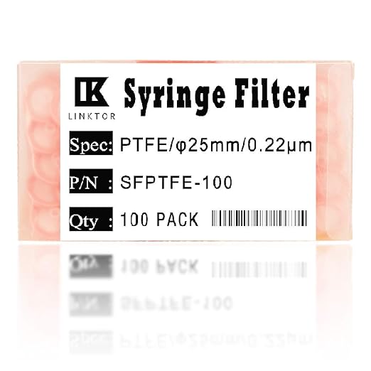LINKTOR Syringe Filter Nylon Orangnic Filtration, 25mm Diameter 0.22um Pore Size Non-sterile Pack of 20 (Pack of 100, 0.22μm, PTFE)
