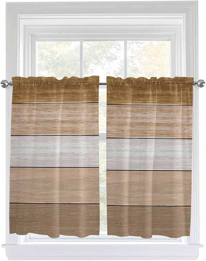 Retro Farm Wood Board Window Valance Curtains, Brown Graduality Striped Light Filtering Kitchen Valance with 3-inch Rod Pocket for Living Room Bathroom Bedroom,2 Panel,42x54In