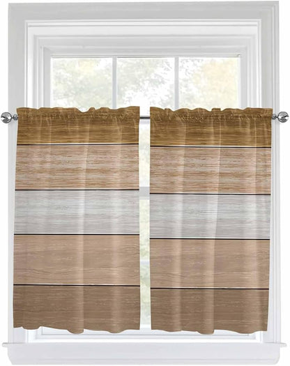 Retro Farm Wood Board Window Valance Curtains, Brown Graduality Striped Light Filtering Kitchen Valance with 3-inch Rod Pocket for Living Room Bathroom Bedroom,2 Panel,52x54In
