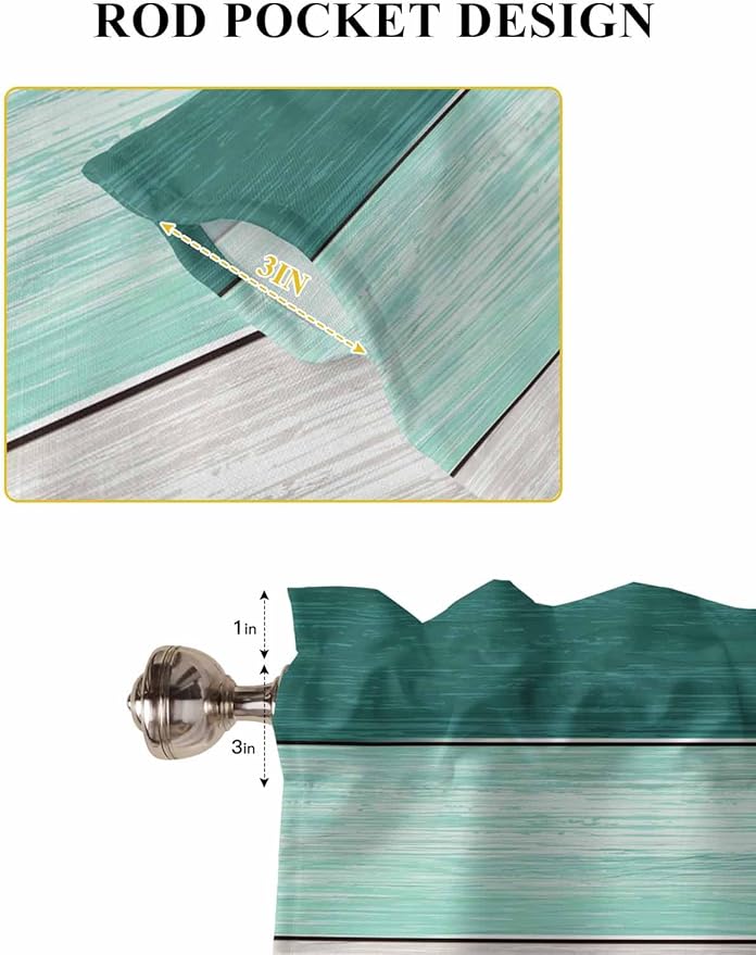 Retro Farm Woodcuts Texture Window Valance Curtains, Green Brown Gradient Light Filtering Kitchen Valance with 3-inch Rod Pocket for Living Room Bathroom Bedroom,2 Panel,42x54In