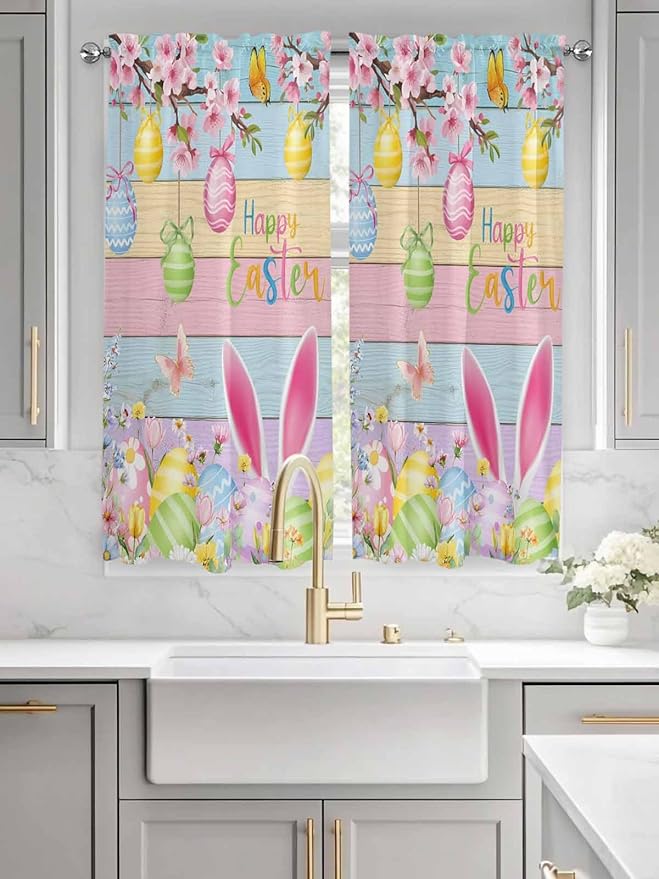 Colorful Easter Living Room Curtains 72 Inches length, Spring Watercolor Bunny Egg Flower Wood Grain Window Treatment Curtain Drapes, Light Filtering Drapes for Bedroom Laundry Room, 52"x72", 2 Panels