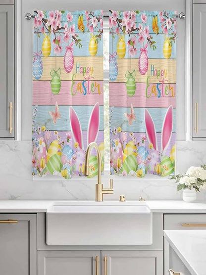 Colorful Easter Living Room Curtains 72 Inches length, Spring Watercolor Bunny Egg Flower Wood Grain Window Treatment Curtain Drapes, Light Filtering Drapes for Bedroom Laundry Room, 52"x72", 2 Panels