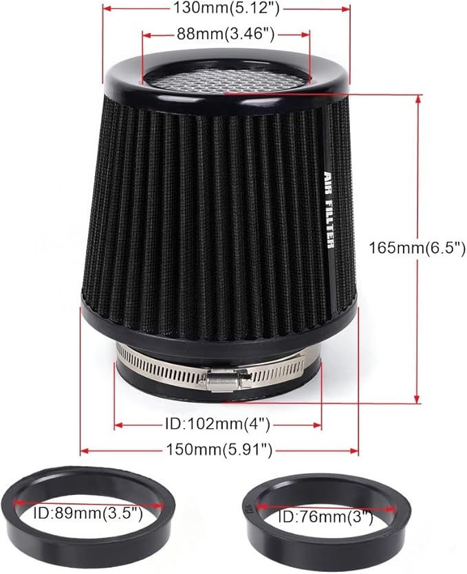 3" 3.5" 4" Inlet Car Replacement Cold Air Intake Filter 76mm 89mm 102mm 3 Sizes in 1 High Flow Performance Cone Air Filter (Black)