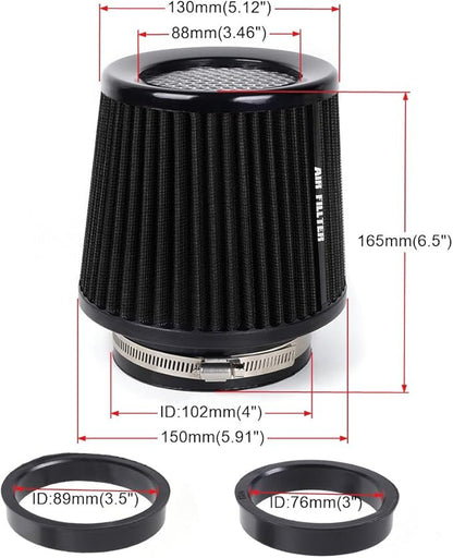 3" 3.5" 4" Inlet Car Replacement Cold Air Intake Filter 76mm 89mm 102mm 3 Sizes in 1 High Flow Performance Cone Air Filter (Black)