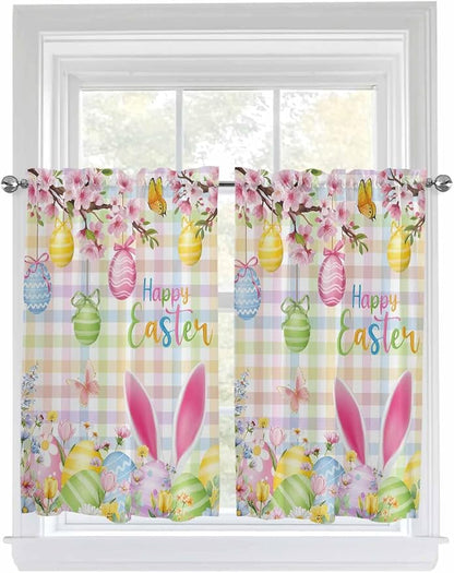 Happy Easter Kitchen Curtains 54 Inches Length, Spring Bunny Colorful Eggs Flower Plaid Window Treatment Curtain Drapes, Decorative Window Curtains for Bedroom Cafe, 52"x54", 2 Panels