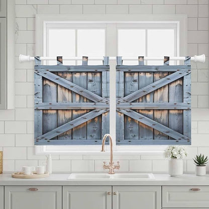 Farmhouse Wood Grain Kitchen Curtains 24 Inch Length, Small Window Curtains Tab Top, Vintage Country Barn Gate Textured Light Filtering Short Window Treatments Tier Drapes 27.5"x24" 2 Panel