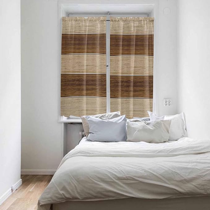 Retro Country Brown Wooden Board Window Valance Curtains, Farmhouse Gradient Plank Light Filtering Kitchen Valance with 3-inch Rod Pocket for Living Room Bathroom Bedroom,2 Panel,42x63In