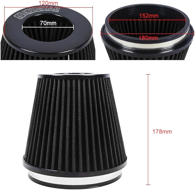 Universal 6" 152mm igh-Flow Air Filter, Reusable Cone Cold Air Intake, High Performance, Washable, Clamp-On Car High Flow Air Kit, Flange Diameter: 6 Inch, Filter Height: 7 Inch, Red