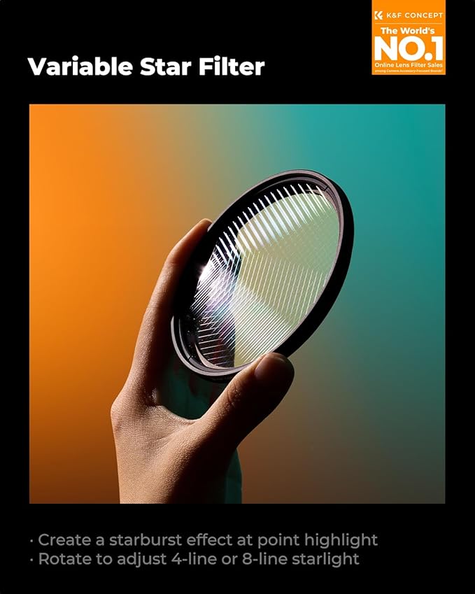 K&F CONCEPT 58mm Variable Star Filter Cross Screen Starburst Filter 4, 8 Points -18 Layer Coating Ultra Slim Optical Glas Camera Lens Filter with 3 Cleaning Cloth