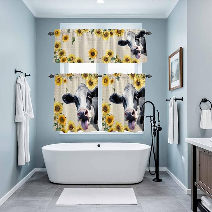 Kitchen Curtains Tiers and Valance Set of 3, Cow Sunflowers Light Filtering Window Curtain Set, Country Vintage Animals Floral Leaves Rod Pocket Curtain Drapes for Cafe, Living Room, 36 Inches Tiers