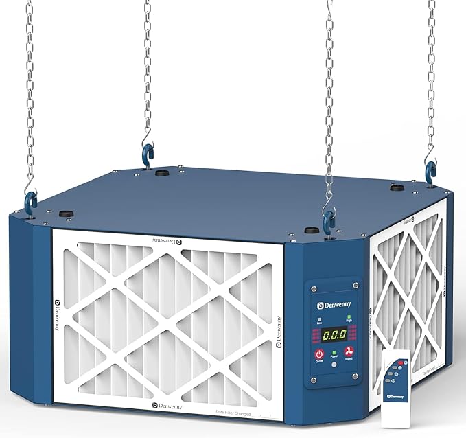 360 Degree Intake Air Filtration System Woodworking, 1050 CFM Hanging Air Filter with Strong Vortex Fan for Wood Workshop, Garage, Shop Dust Collectors, Up to 1700 sq. ft, Kingmaster F12