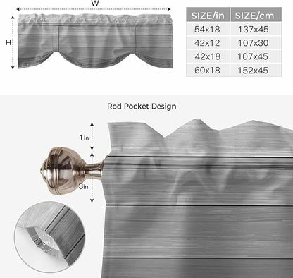 Grey Ombre Wooden Tie Up Valance Curtains for Windows, Kitchen Curtains Window Shades, Farmhouse Retro Gray Wood Gradient Light Filtering Roman Curtain Valances for Bedroom/Bathroom/Cafe 42"x12"