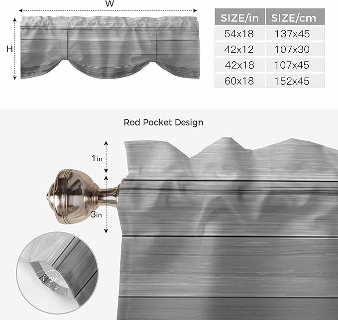 Grey Ombre Wooden Tie Up Valance Curtains for Windows, Kitchen Curtains Window Shades, Farmhouse Retro Gray Wood Gradient Light Filtering Roman Curtain Valances for Bedroom/Bathroom/Cafe 60"x18"