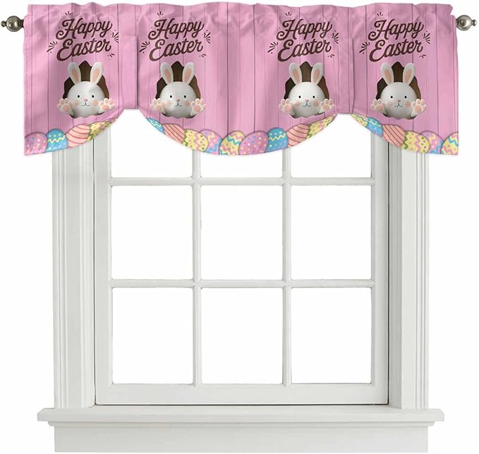 Pink Easter Tie Up Valance Curtains for Windows,Kitchen Curtains Window Shades,Easter Bunny Eggs Spring Cartoon Farmhouse Wood Grain Light Filtering Curtain Valances for Bedroom/Bathroom/Cafe 54"x18"