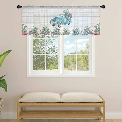 Farmhouse Sheer Valance Curtains, Summer Blue Car with Cactus Succulents Wood Grain Light Filtering Kitchen Valances Rod Pocket Voile Curtain Window Treatment for Bedroom/Living Room/Basement 54Wx18L