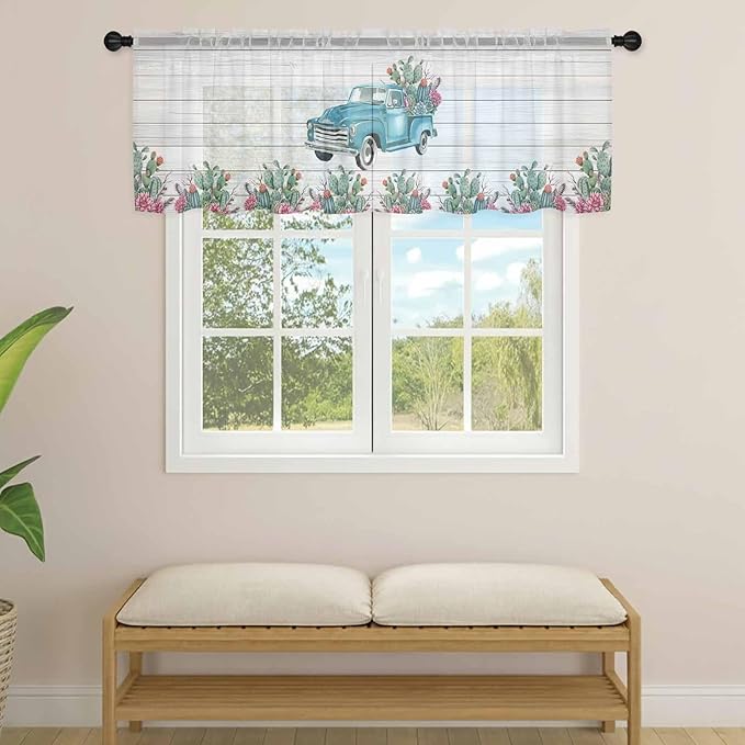 Farmhouse Sheer Valance Curtains, Summer Blue Car with Cactus Succulents Wood Grain Light Filtering Kitchen Valances Rod Pocket Voile Curtain Window Treatment for Bedroom/Living Room/Basement 42Wx12L