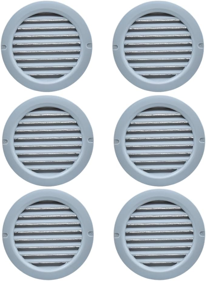 VENTS-US - 4" Round Plastic Light Gray Vent Cover with Built-in Insect Screen and Flange for Air Supply or Exhaust Air Applications - Compatible with a 4 Inch Duct Diameter (6-Pack)