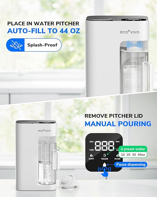 Ecoviva Mate 3 Countertop Reverse Osmosis Water Filter, 8-Stage RO Water Filtration System with 44oz Water Pitcher Smart Auto-Filling, 3:1 Pure to Drain, NSF Certified Tabletop Purifier, White